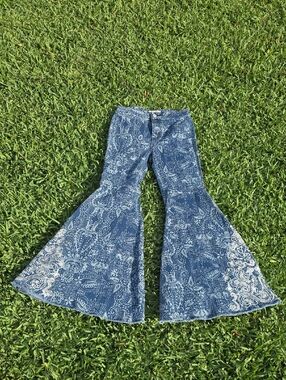 Free People Indigo Blue Floral Paisley Flare Jeans